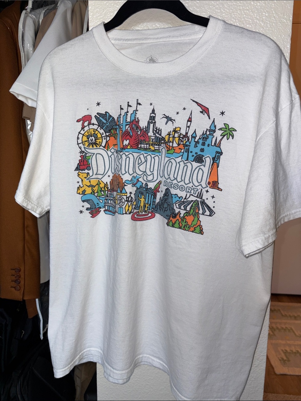 Disney White Graphic Tee with Multicolor Park Icons